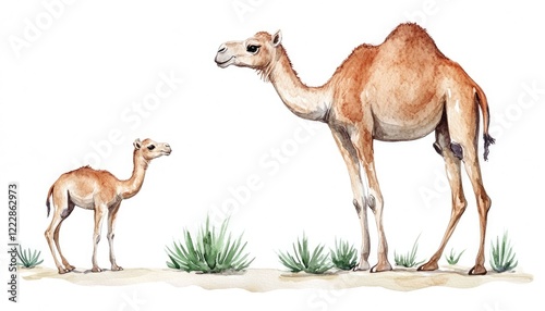 A mother camel stands beside her young calf in a desert landscape with sparse vegetation and soft sandy ground
