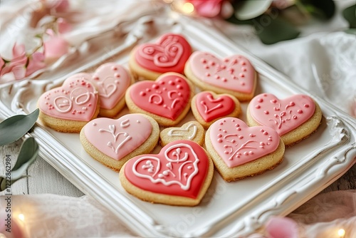 Heart-shaped cookies, red and pink icing, white tray, floral accents, Valentine's Day dessert table, soft lighting