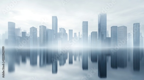 Urban skyline shrouded in smog, hazy atmosphere, 3D illustration. 