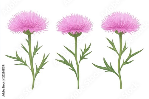 Three vibrant pink flowers with delicate petals and green leaves against a white background, suitable for design