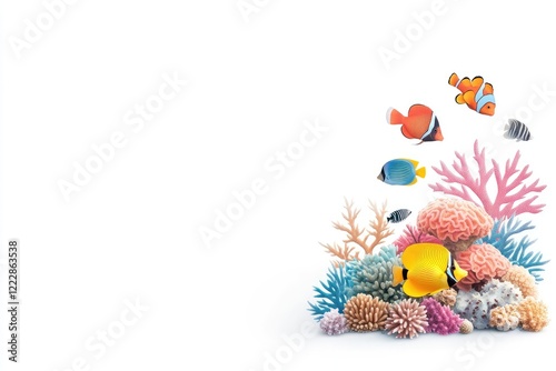 Colorful coral reef scene with various fish swimming around vibrant corals in a serene underwater environment