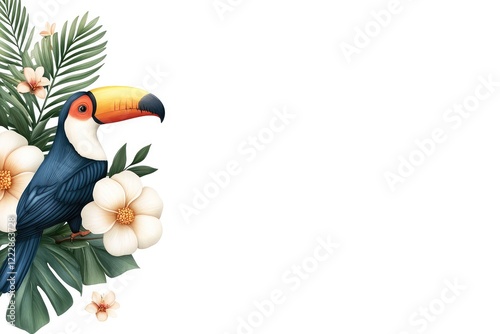 Colorful toucan perched among tropical flowers and leaves, showcasing vibrant nature in a serene setting
