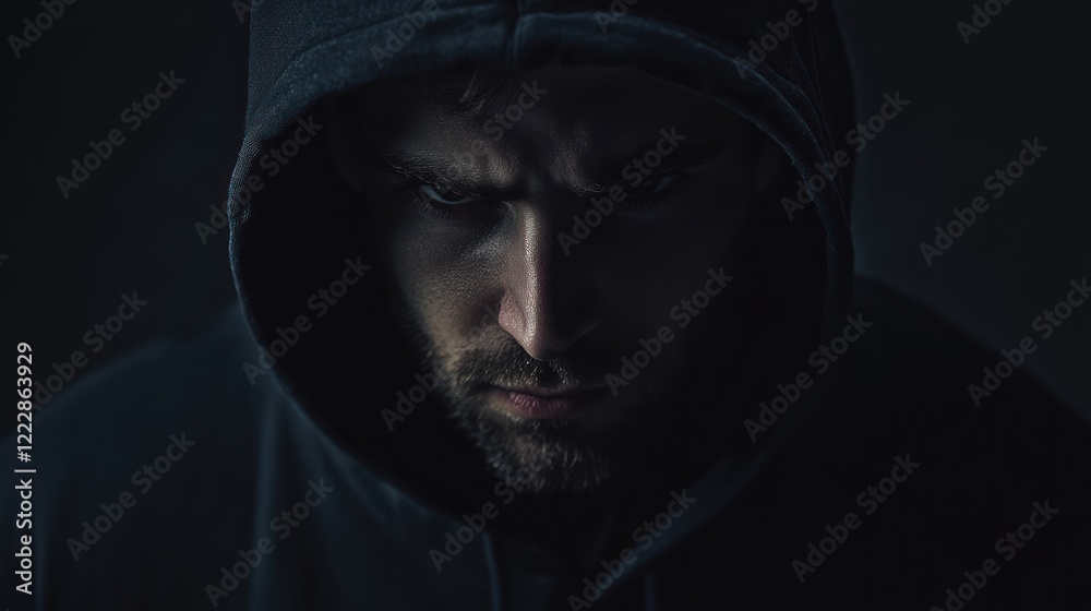 A hooded man with an angry serious expression A hooded man with an angry serious expression