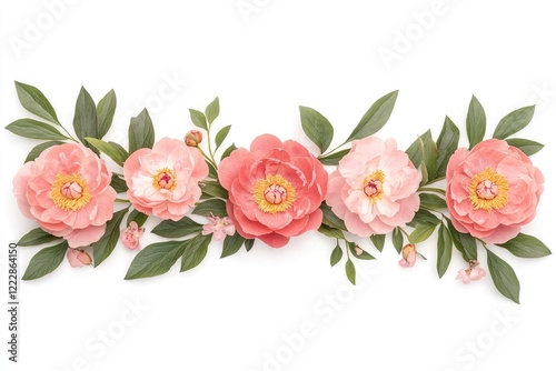 A vibrant arrangement of pink peonies and green leaves on a white background, ideal for floral design projects