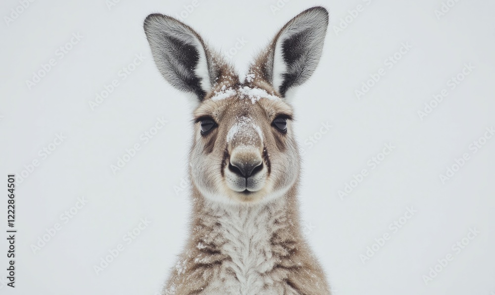 Kangaroo is standing in front of a white background. The kangaroo has a brown and white coat and is looking straight ahead. Kangaroo is standing in front of a white background. The kangaroo has a brown and white coat and is looking straight ahead.