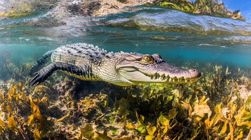 Fototapeta premium Young Crocodile Submerged In Coastal Waters