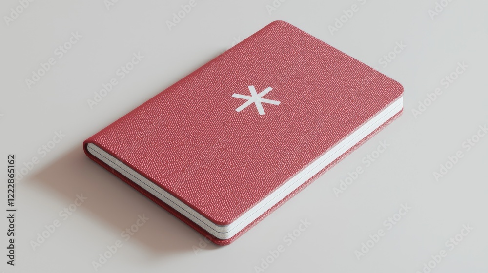 Red notebook with asterisk symbol, on a table, for organization Red notebook with asterisk symbol, on a table, for organization