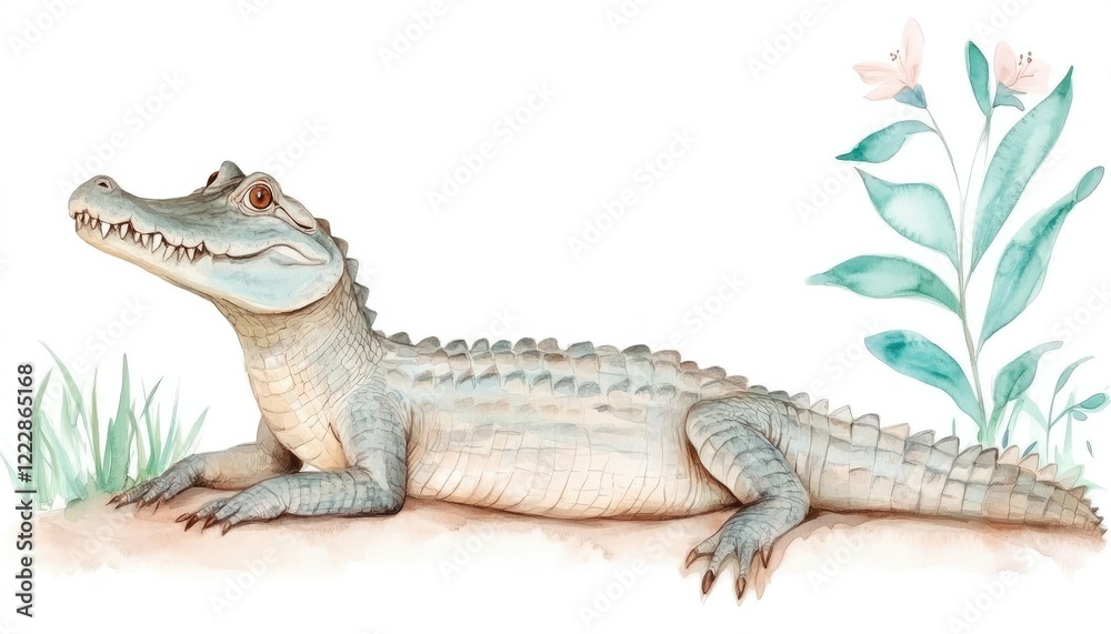 Fototapeta premium A serene illustration of an alligator resting on the ground with delicate plants in the background