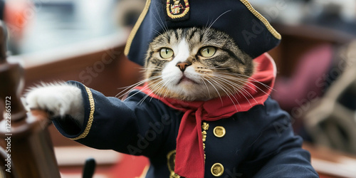 Cat in pirate outfit sailing on a boat photo