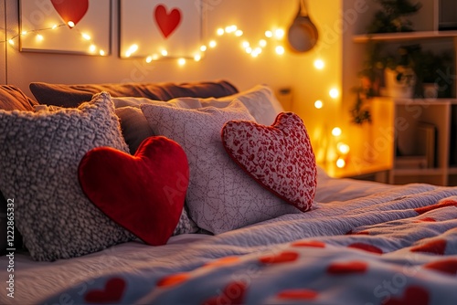 Heart-shaped pillows, romantic prints, bed arrangement, soft lighting, cozy Valentine's atmosphere