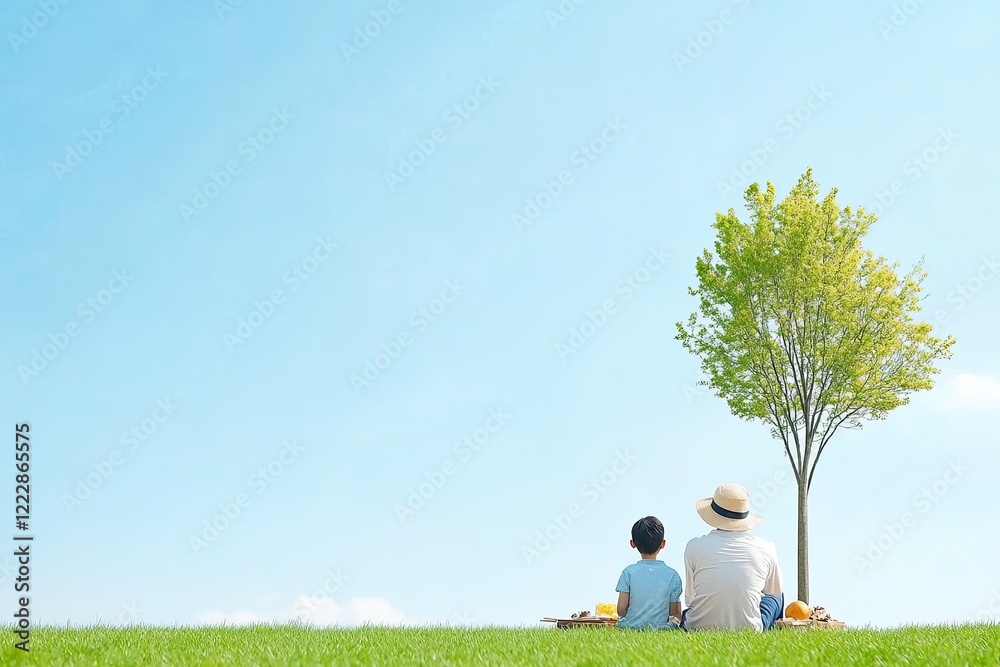 A serene moment of a child and grandparent enjoying a picnic under a clear blue sky near a tree A serene moment of a child and grandparent enjoying a picnic under a clear blue sky near a tree