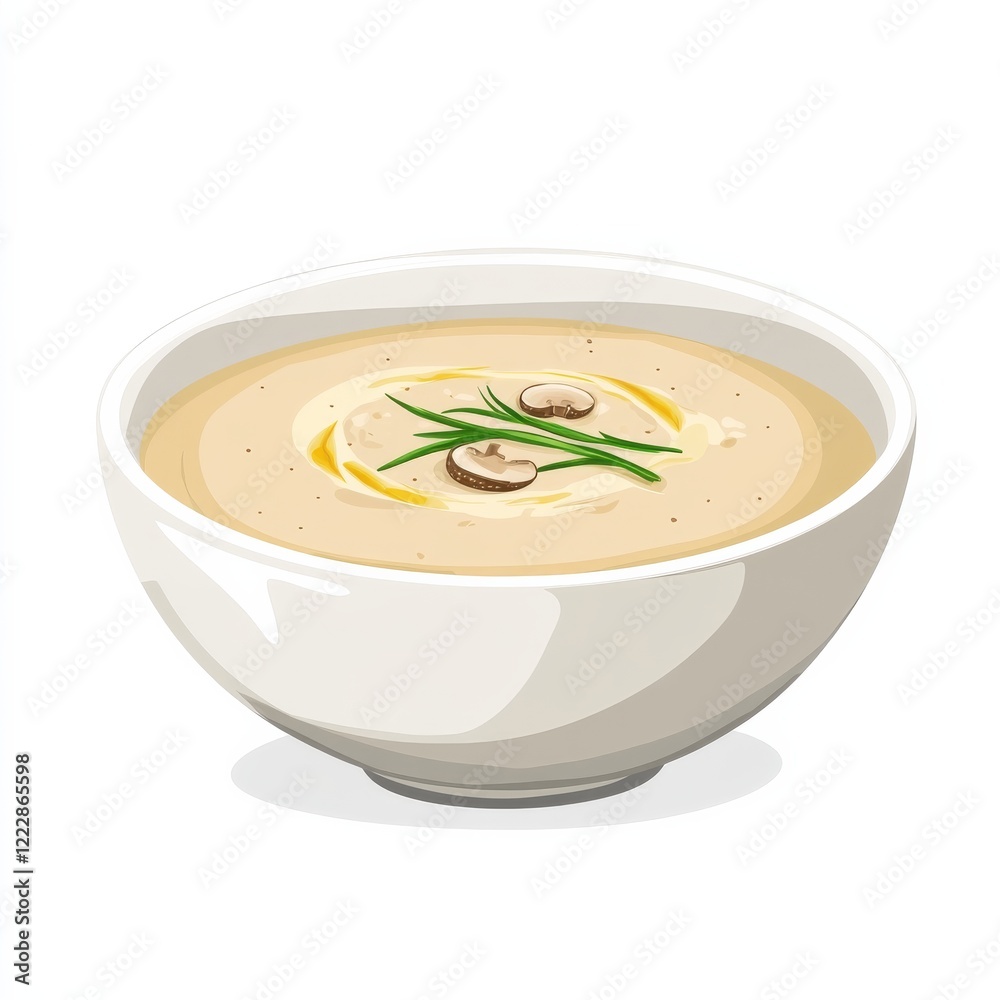 A bowl of creamy wild mushroom soup with a drizzle of truffle oil, isolated white background, minimalist art style A bowl of creamy wild mushroom soup with a drizzle of truffle oil, isolated white background, minimalist art style