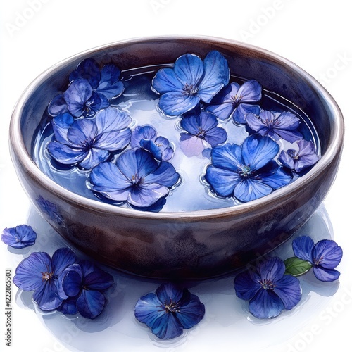 A serene bowl filled with vibrant blue flowers floating on clear water, creating a calming atmosphere
