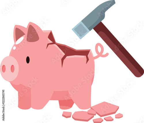 Piggy bank being broken with a hammer, representing economic crisis and spending savings