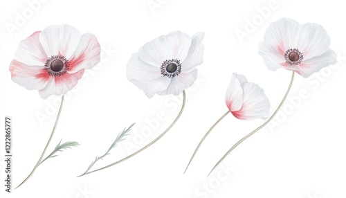 Delicate watercolor illustration of white and pink poppy flowers with graceful stems and soft details