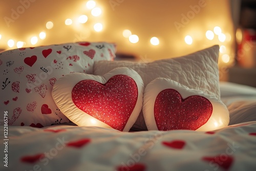 Heart-shaped pillows, romantic prints, bed arrangement, soft lighting, cozy Valentine's atmosphere