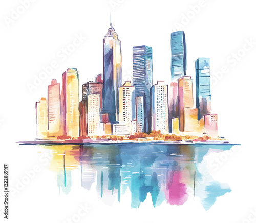 Skyscraper high-rise buildings city on the water vector illustration. Watercolor style modern big city with skyscapers. Architecture reflection in water. Highrise buildings silhouettes.