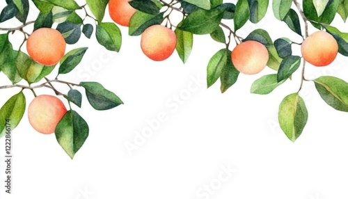 Vibrant watercolor illustration of orange fruits hanging from lush green leaves against a white backdrop