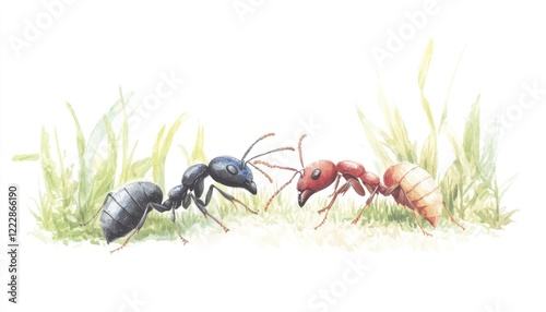 Two ants, one black and one red, face each other in a grassy environment, showcasing their unique features