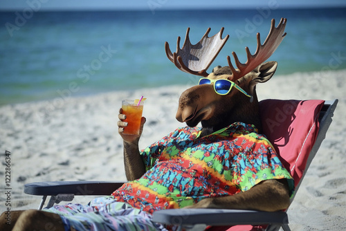 Moose relaxing on the beach with sunglasses and drink