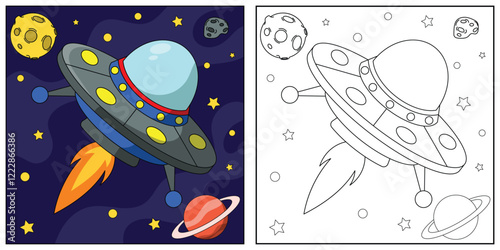 UFO In Space Coloring Illustration
