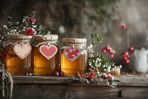 Jars of honey, romantic labels, heart-shaped tags, rustic wooden table, soft floral accents, cozy Valentine's mood