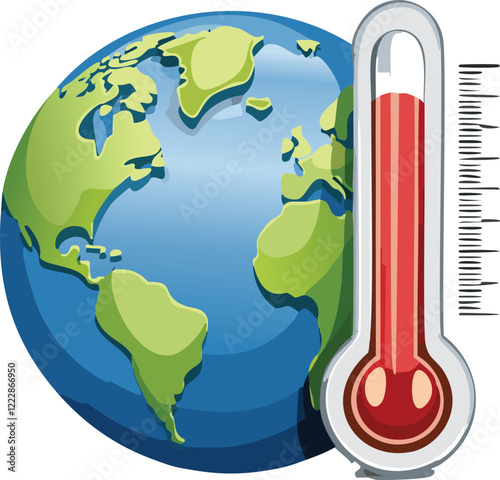 stylized Earth with a thermometer showing rising temperatures, illustrating global warming