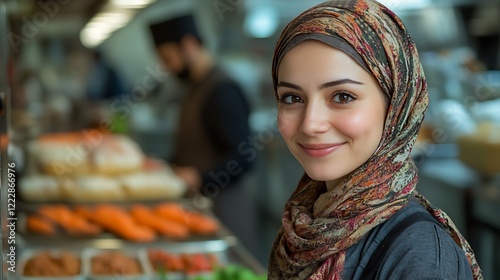 Young Woman Wearing Headscarf Smiles In Restaurant Kitchen photo