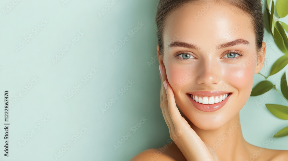 Smiling woman with glowing skin, showcasing healthy skincare and hydration, surrounded by green leaves, radiating confidence and beauty Smiling woman with glowing skin, showcasing healthy skincare and hydration, surrounded by green leaves, radiating confidence and beauty