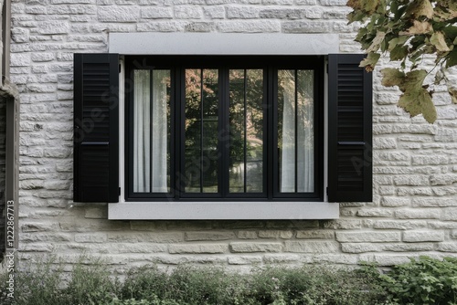Black shuttered window on a stone wall surrounded by greenery in a quiet neighborhood providing a glimpse into a peaceful outdoor setting during daylight