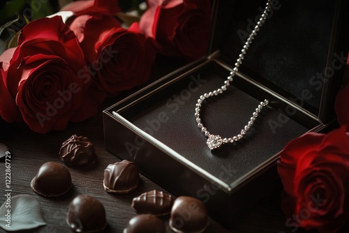 Jewelry box, sparkling necklace, chocolates, elegant romantic setup