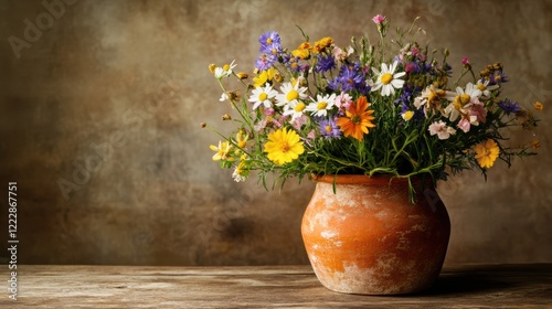 Wallpaper Mural A rustic vase holds a vibrant bouquet of wildflowers, set against a textured brown backdrop. Torontodigital.ca