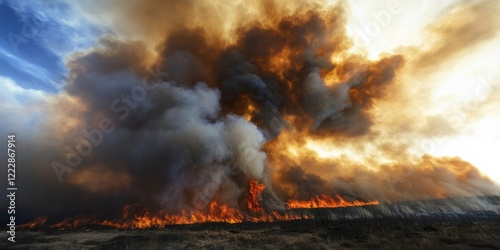 Intense wildfire blaze with thick smoke cloud in natural landscape photo