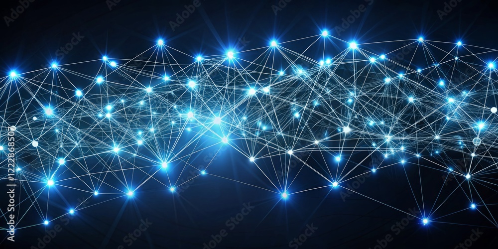 Abstract Blue Light Network with Nodes and Lines over Dark Background Abstract Blue Light Network with Nodes and Lines over Dark Background