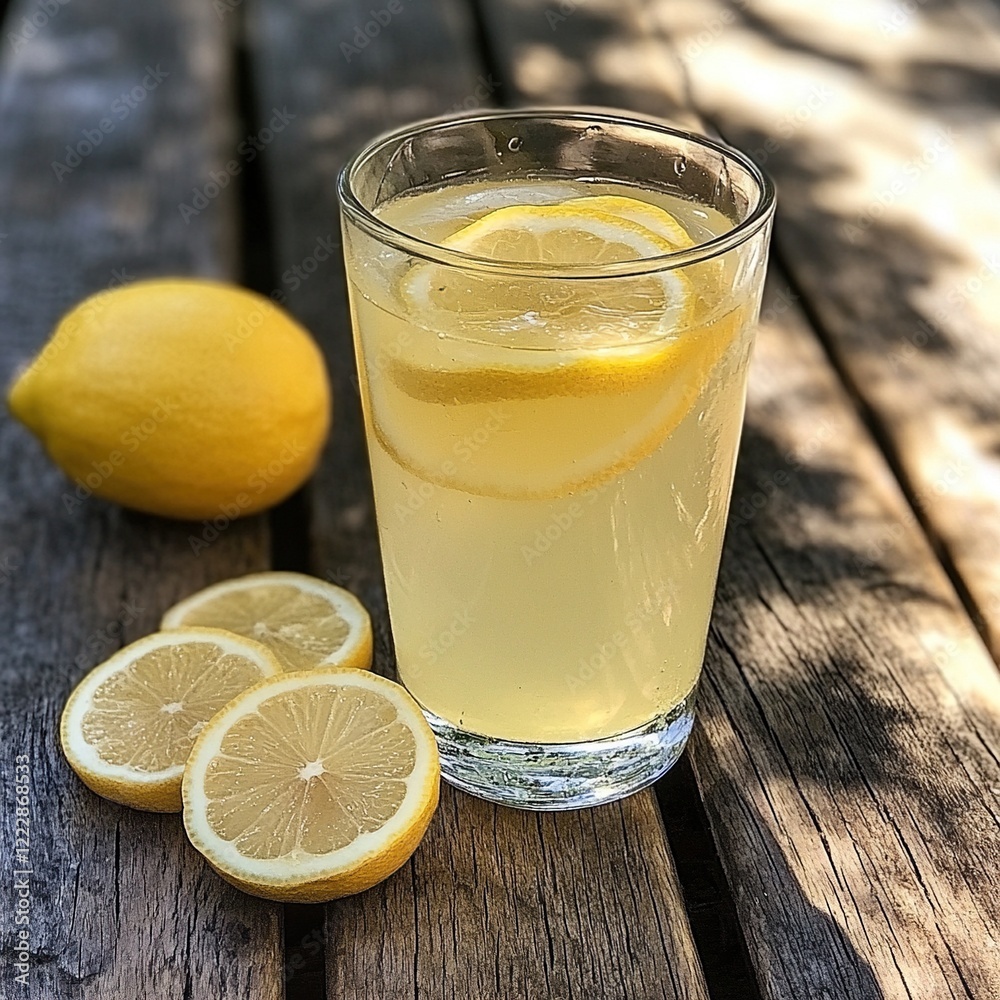 Refreshing lemonade in glass with lemons. Refreshing lemonade in glass with lemons.