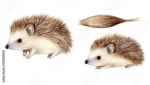 Cute illustrations of hedgehogs in various poses, showcasing their features and natural behavior