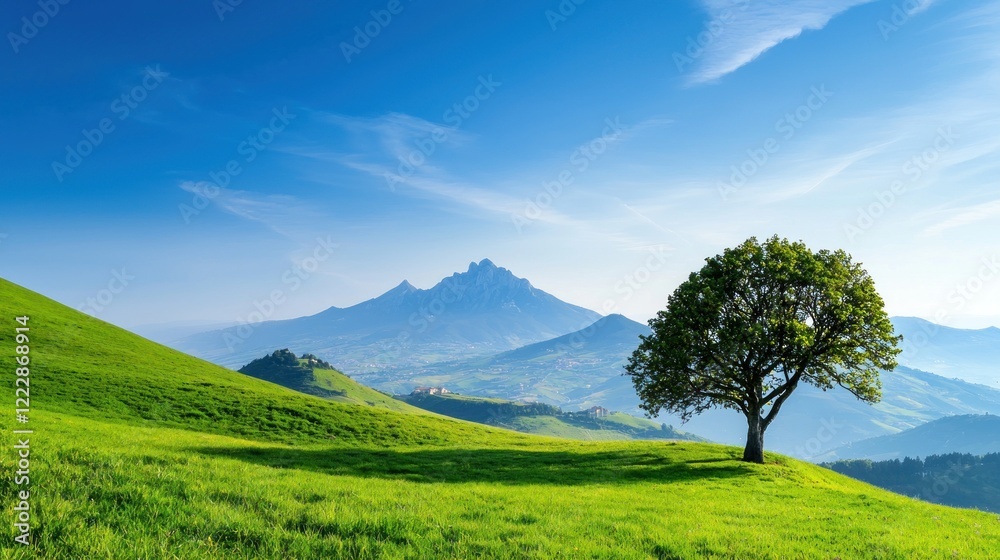 Solitary Tree on Green Hillside with Mountain View Solitary Tree on Green Hillside with Mountain View
