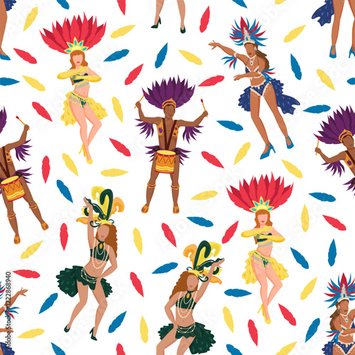 Seamless pattern with samba dancers, drummers and feathers at the Brazilian Carnival. Vector illustration on a white background.