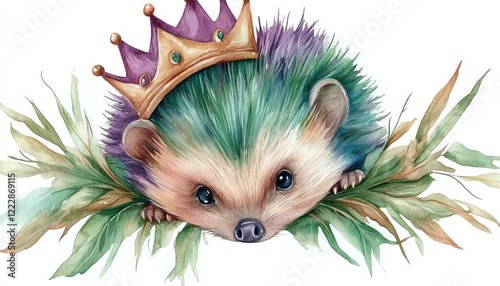 A whimsical hedgehog wearing a colorful crown rests on green leaves, surrounded by a vibrant nature backdrop