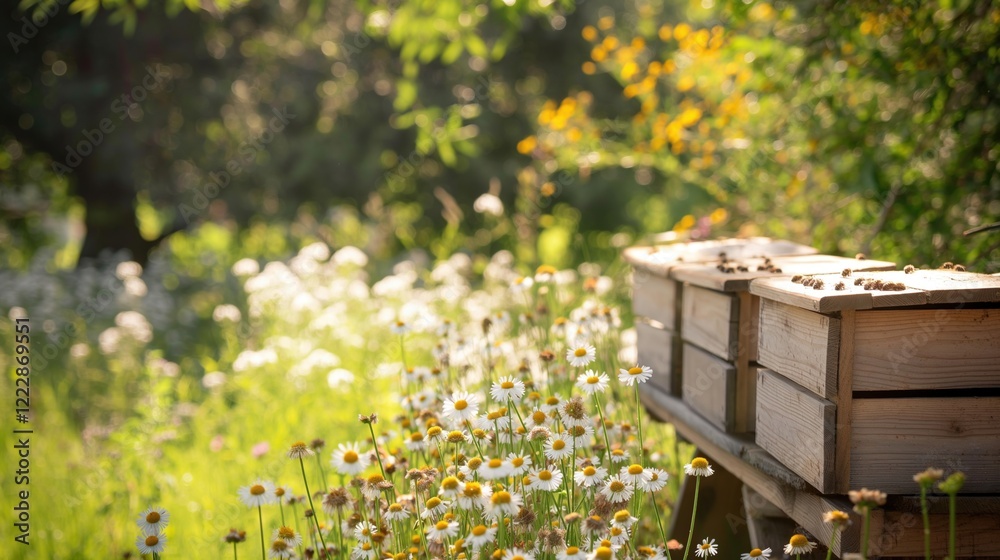 Peaceful scene of flowers and beehives outdoors Peaceful scene of flowers and beehives outdoors