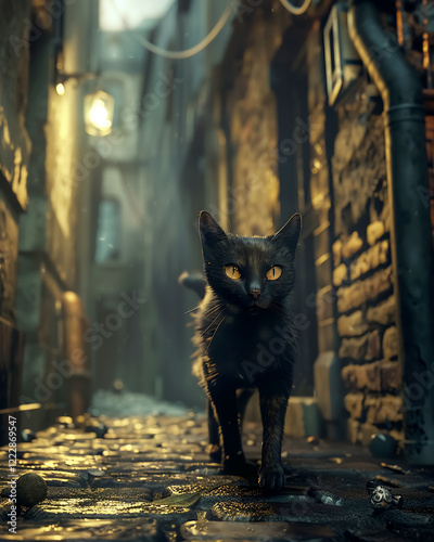 sleek cat slinks through narrow alley, illuminated by soft light, creating mysterious atmosphere photo