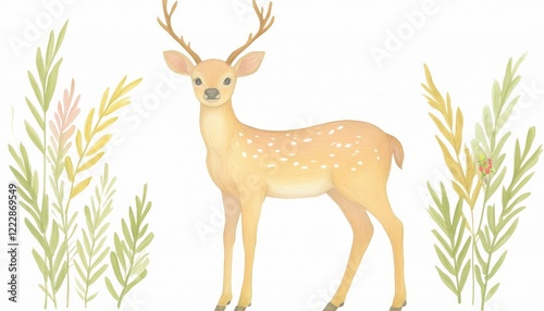 A charming illustrated deer stands gracefully amidst vibrant foliage, evoking a serene woodland scene