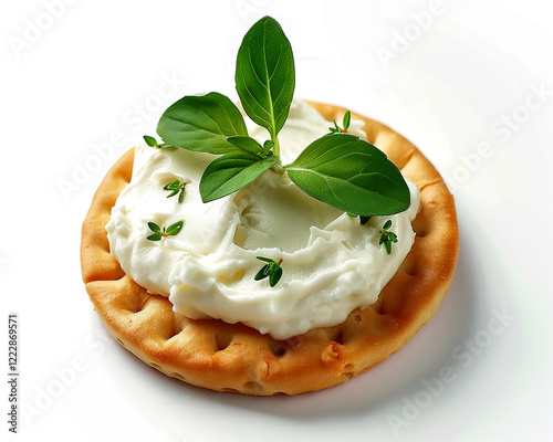 Creamy soft cheese spread on crispy cracker, garnished with fresh herbs, creating delightful and appetizing snack