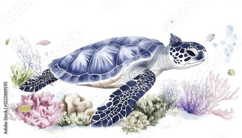 A serene sea turtle gracefully swimming among vibrant coral reefs and colorful fish in a tranquil underwater scene