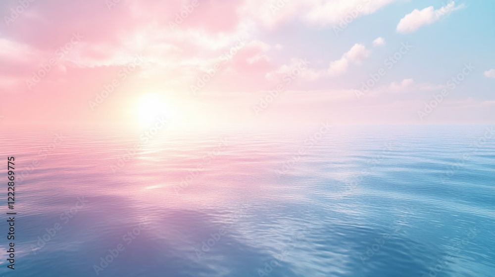 Fototapeta premium Pastel sunrise over tranquil ocean horizon with soft pink and blue skies and sea