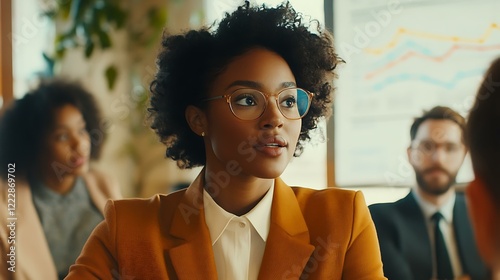 A professional setting with a Black businesswoman explaining data on a graph to her team of diverse employees