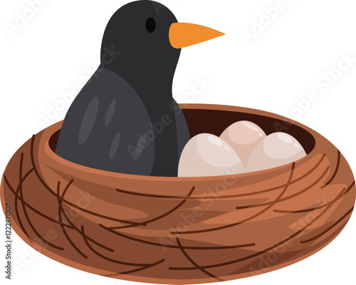 Black bird sitting on eggs in a nest, symbolizing parenting, nature, and new life
