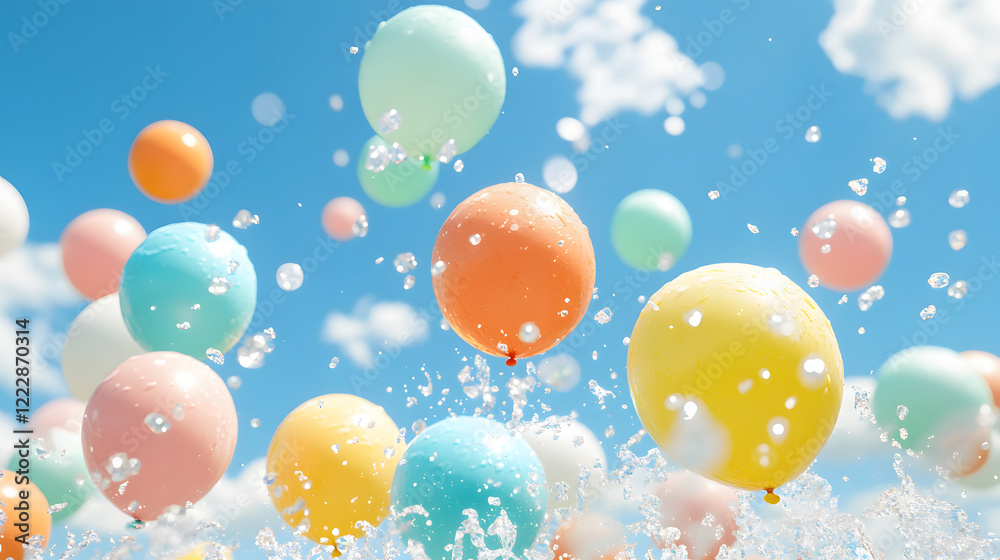 Colorful balloons floating in a bright blue sky with splashes of water Colorful balloons floating in a bright blue sky with splashes of water
