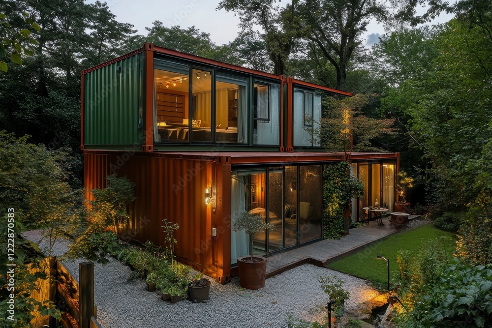 Fototapeta premium Modern Eco-Friendly Home Built from Shipping Containers in Nature