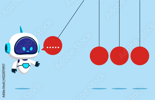 Robot in front of newton's cradle with a chat bubble, effect of speech or communication, Gossip and fake news. Flat vector illustration